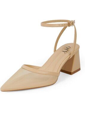 🆕Women's Nude Pointed Toe Block Heels Chunky Ankle Strap Bridal Dress Pumps